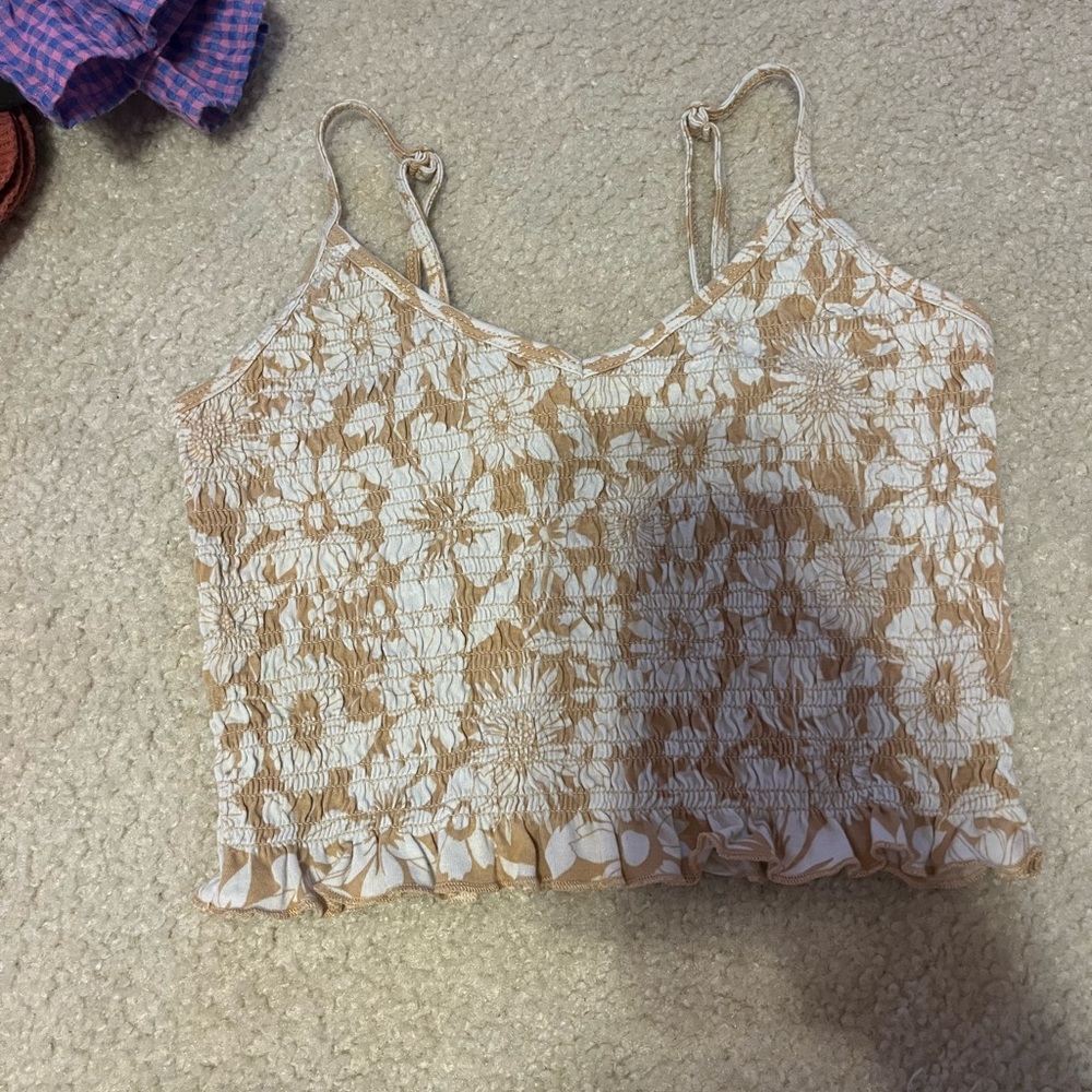 American Eagle White and Tan Smocked Cropped Camisole